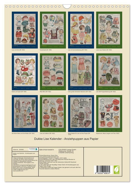 Produktbild: Dukke Lise Kalender - Anziehpuppen aus Papier (Wandkalender 2026 DIN A3 hoch), CALVENDO Monatskalender