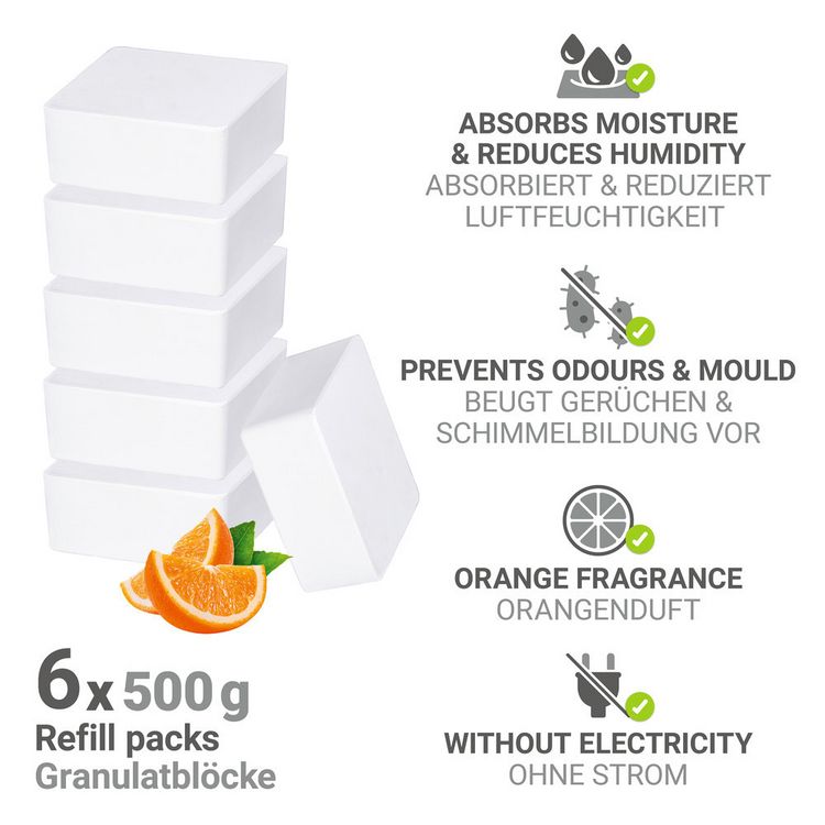 Produktbild: Raumentfeuchter Mod. Cube Nachfüller 500 g mit Orangenduft, 6er, Luftentfeuchter Nachfüllpack