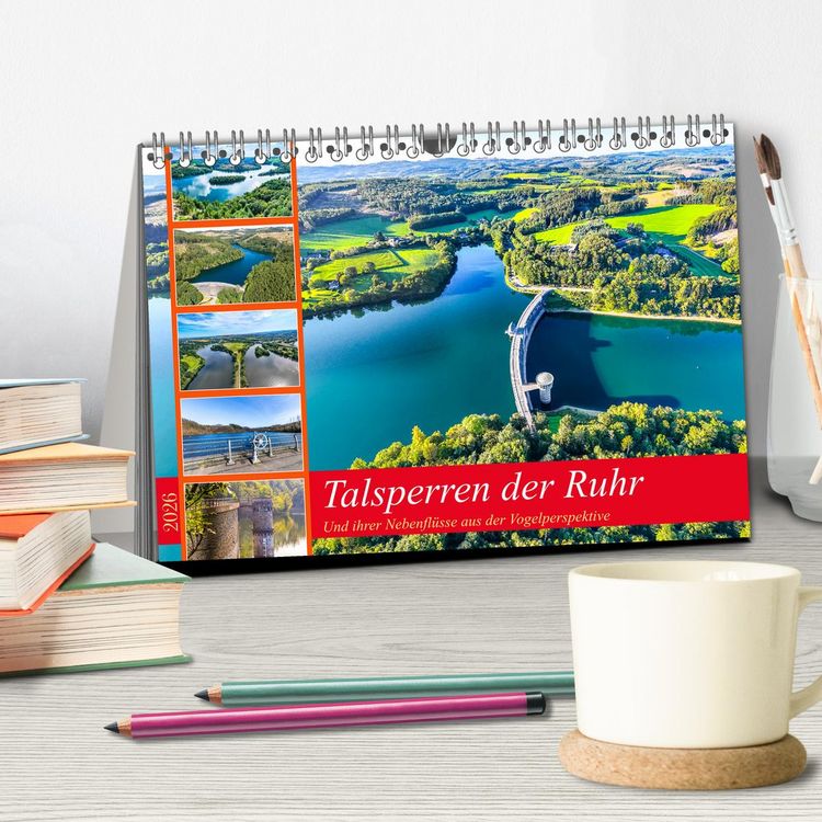 Produktbild: Talsperren der Ruhr und ihrer Nebenfl&uuml;sse aus der Vogelperspektive (Tischkalender 2026 DIN A5 quer), CALVENDO Monatskalender