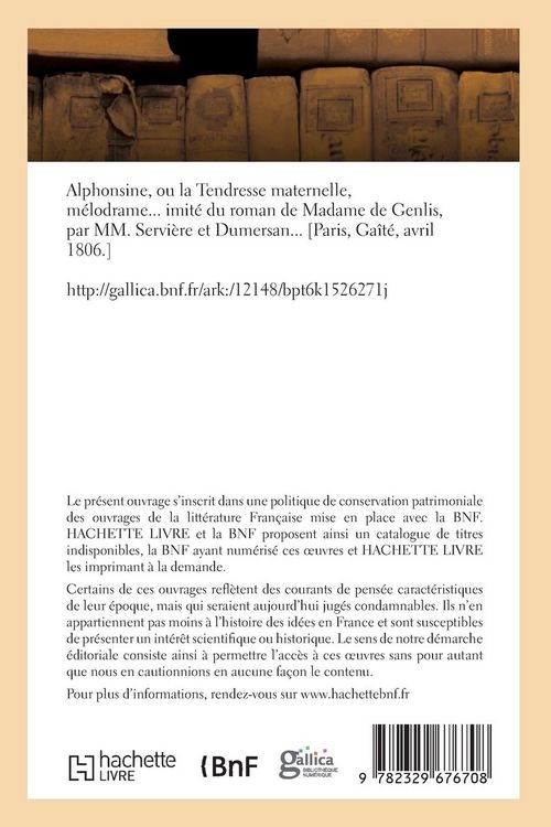 Produktbild: Alphonsine ou la Tendresse maternelle, m&eacute;lodrame. Ga&icirc;t&eacute;, Paris, avril 1806