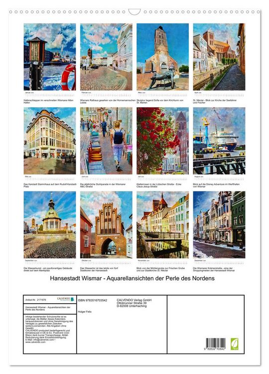 Produktbild: Hansestadt Wismar - Aquarellansichten der Perle des Nordens (Wandkalender 2026 DIN A2 hoch), CALVENDO Monatskalender
