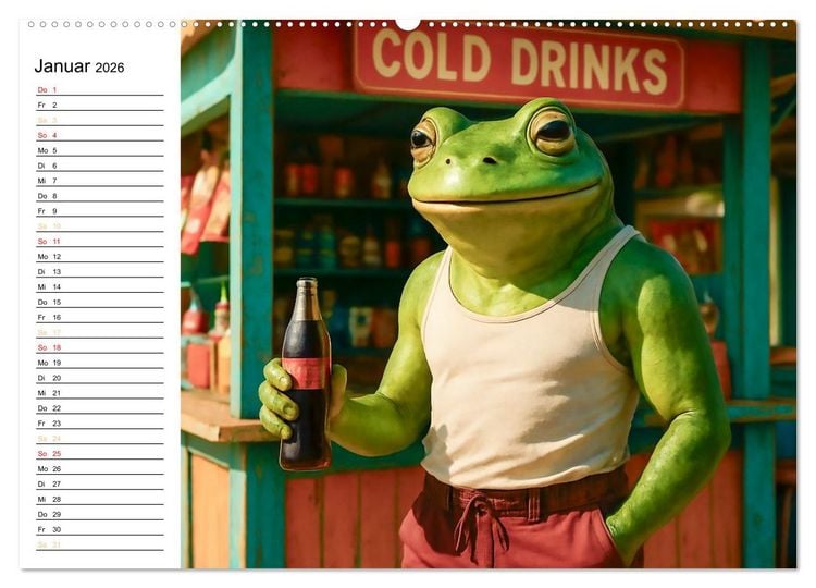 Produktbild: Frosch am Strand - Sommer, Sonne, gr&uuml;ne Haut (Wandkalender 2026 DIN A2 quer), CALVENDO Monatskalender