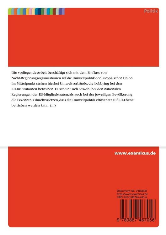 Produktbild: Einflussm&ouml;glichkeiten von Nicht-Regierungsorganisationen auf die Umweltpolitik der Europ&auml;ischen Union
