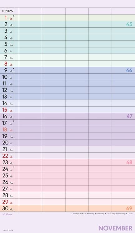 Produktbild: Superplaner Farbenfroh 2026 - 5 Spalten - Familienkalender 26x45 cm - Offset-Papier - mit Ferienterminen - Wandkalender - Wandplaner