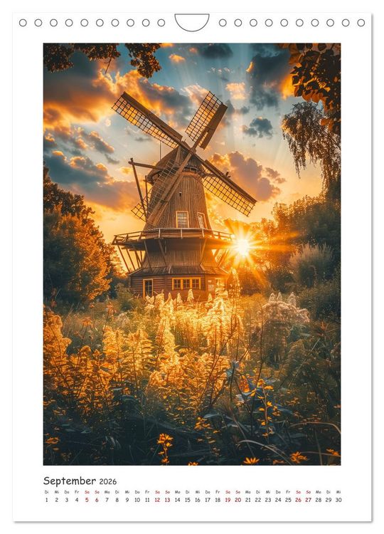 Produktbild: Windm&uuml;hlen - Zauberhaft mit einer KI in Szene gesetzt (Wandkalender 2026 DIN A4 hoch), CALVENDO Monatskalender