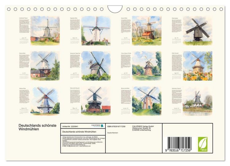 Produktbild: Deutschlands sch&ouml;nste Windm&uuml;hlen (Wandkalender 2026 DIN A4 quer), CALVENDO Monatskalender