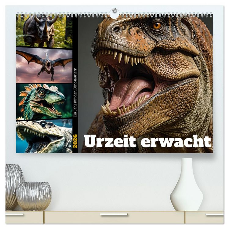 Produktbild: Urzeit erwacht - Ein Jahr mit den Dinosauriern (hochwertiger Premium Wandkalender 2026 DIN A2 quer), Kunstdruck in Hochglanz