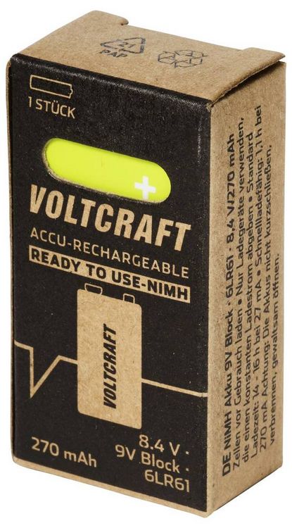 Produktbild: VOLTCRAFT 9V Block-Akku NiMH 270 mAh 8.4V Ready to use 1St.