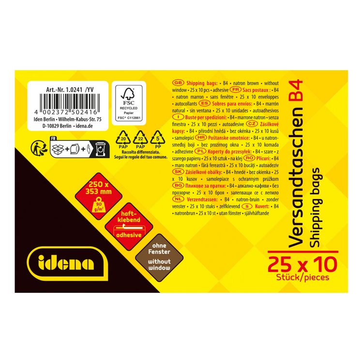 Produktbild: Idena Versandtaschen ohne Fenster haftklebend 90g/m&sup2; braun DIN B4 10 St&uuml;ck