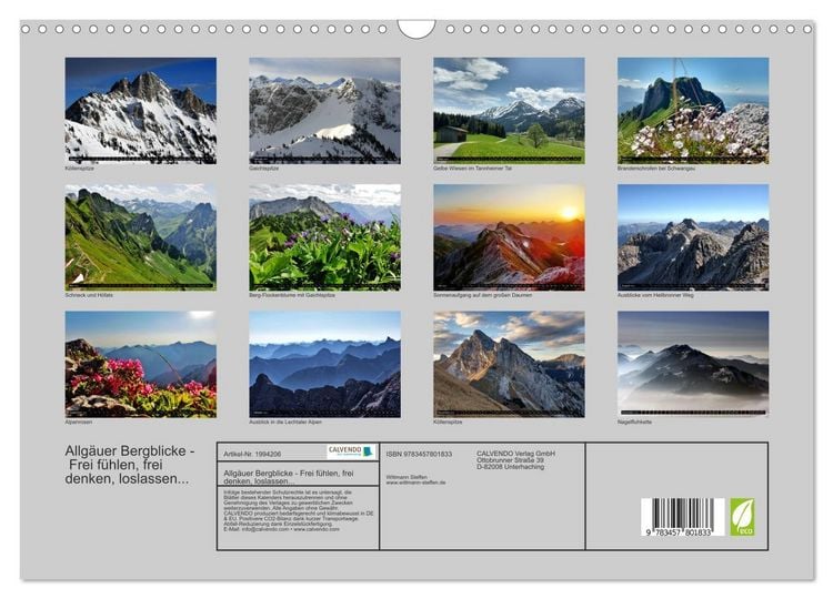 Produktbild: Allg&auml;uer Bergblicke - Frei f&uuml;hlen, frei denken, loslassen... (Wandkalender 2026 DIN A3 quer), CALVENDO Monatskalender