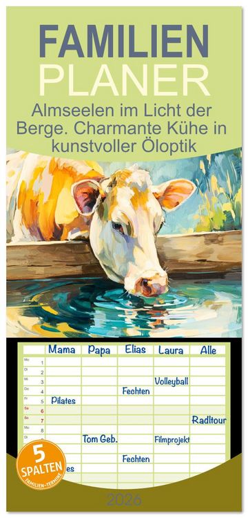 Produktbild: Familienplaner 2026 - Almseelen im Licht der Berge. Charmante K&uuml;he in kunstvoller &Ouml;loptik mit 5 Spalten (Wandkalender, 21 x 45 cm) CALVENDO