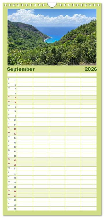 Produktbild: Familienplaner 2026 - In Gedanken auf den Seychellen mit 5 Spalten (Wandkalender, 21 x 45 cm) CALVENDO