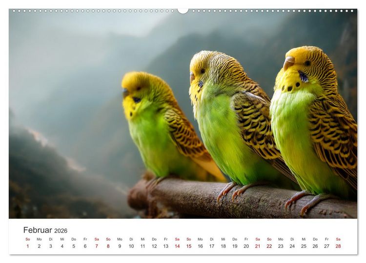 Produktbild: Zwitscherzeit - Ein Kalender voller Wellensittiche (hochwertiger Premium Wandkalender 2026 DIN A2 quer), Kunstdruck in Hochglanz