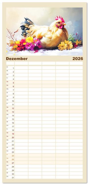 Produktbild: Familienplaner 2026 - Im Glanz der Federn. Sch&ouml;ne H&uuml;hner in malerischer Harmonie mit 5 Spalten (Wandkalender, 21 x 45 cm) CALVENDO