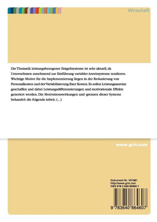 Produktbild: Motivationswirkungen und -grenzen von leistungsbezogenen Entgeltsystemen in der Mitarbeiterf&uuml;hrung