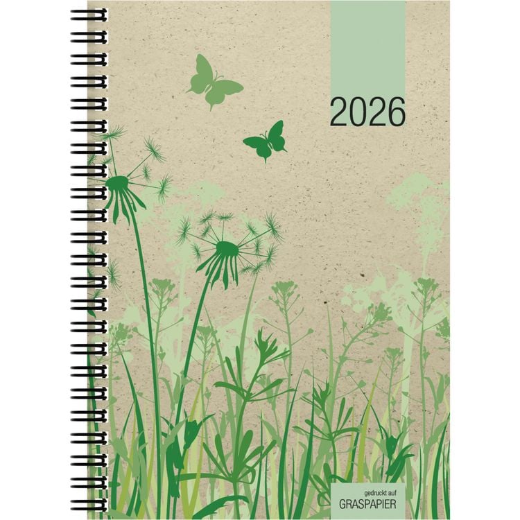 Produktbild: Wochenbuch Graspapier 2026 - 13,7x19,6 cm - 1 Woche auf 2 Seiten - robuster Kartoneinband - Wochenkalender - Noitzheft - 759-0640