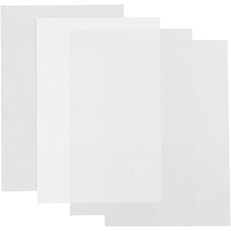 Produktbild: Creativ Company Schrumpffolienplatten Plastikschrumpfplatten, Gl&auml;nzend transparent, Matt transparent, Mattwei&szlig;,, 20x30 cm, Dicke 0,3 mm, 4 Blatt