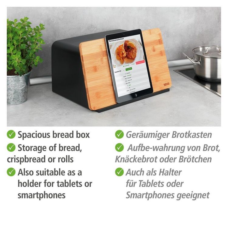 Produktbild: Brotkasten mit Schneidebrett Mod. Kubo, Schwarz, mit Bambusdeckel und Bel&uuml;ftungsl&ouml;chern