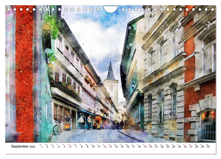 Produktbild: Erfurt - City views in watercolors (Wall Calendar 2026 DIN A4 landscape), CALVENDO 12 Month Wall Calendar