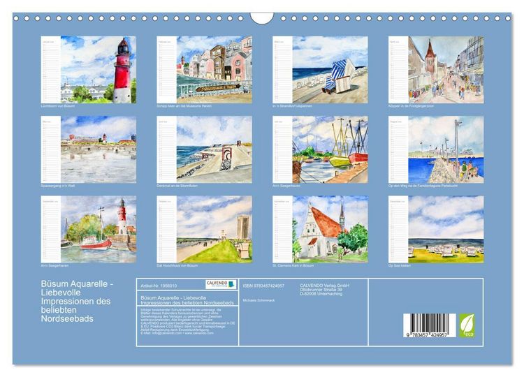 Produktbild: B&uuml;sum Aquarelle - Liebevolle Impressionen des beliebten Nordseebads (Wandkalender 2026 DIN A3 quer), CALVENDO Monatskalender