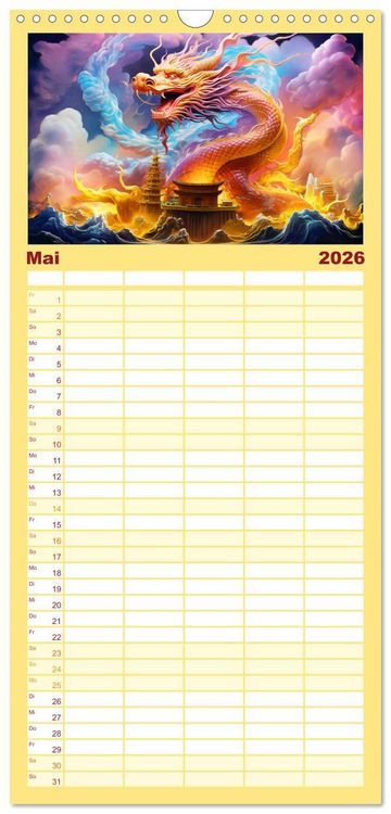 Produktbild: Familienplaner 2026 - Drachen-Jahr - Kalenderplaner im Stile des chinesischen Tierkreiszeichens mit 5 Spalten (Wandkalender, 21 x 45 cm) CALVENDO