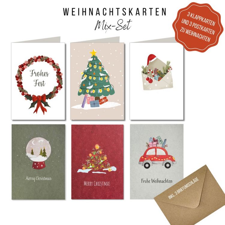 Produktbild: KEITCARDS Weihnachtskarten - handgezeichnete Klappkarten mit Briefumschlag, 6er Set