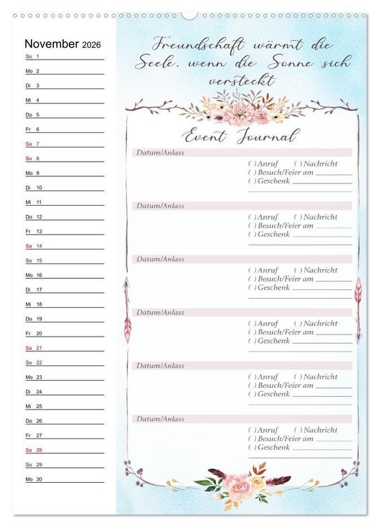 Produktbild: Geburtstagsplaner Boho Blau - F&uuml;r Termine, Geschenke, Eventdetails & mehr (Wandkalender 2026 DIN A2 hoch), CALVENDO Monatskalender