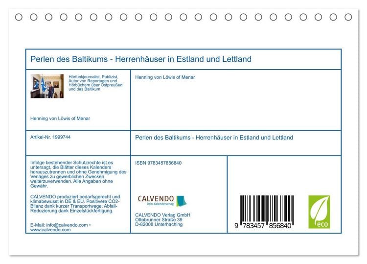 Produktbild: Perlen des Baltikums - Herrenh&auml;user in Estland und Lettland (Tischkalender 2026 DIN A5 quer), CALVENDO Monatskalender