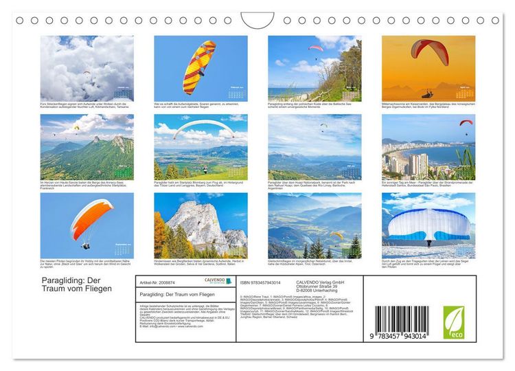 Produktbild: Paragliding: Der Traum vom Fliegen (Wandkalender 2026 DIN A4 quer), CALVENDO Monatskalender