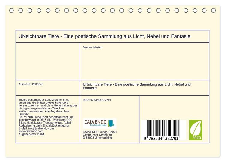 Produktbild: UNsichtbare Tiere - Eine poetische Sammlung aus Licht, Nebel und Fantasie (Tischkalender 2027 DIN A5 quer), CALVENDO Monatskalender