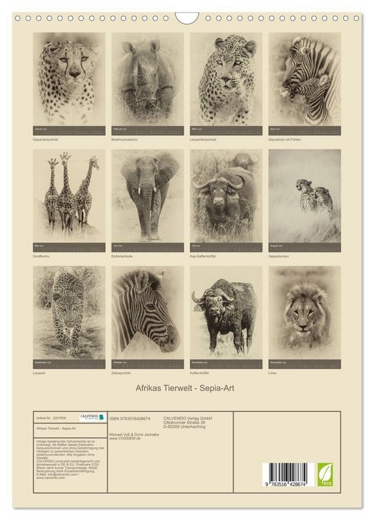 Produktbild: Afrikas Tierwelt - Sepia-Art (Wandkalender 2026 DIN A3 hoch), CALVENDO Monatskalender