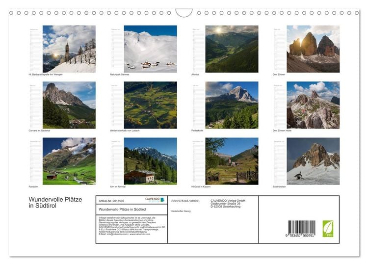 Produktbild: Wundervolle Pl&auml;tze in S&uuml;dtirol (Wandkalender 2026 DIN A3 quer), CALVENDO Monatskalender