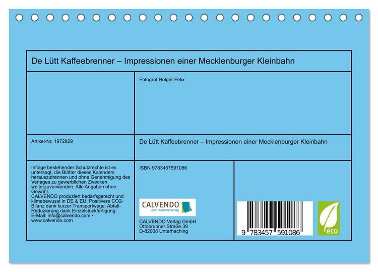 Produktbild: De L&uuml;tt Kaffeebrenner &ndash; Impressionen einer Mecklenburger Kleinbahn (Tischkalender 2026 DIN A5 quer), CALVENDO Monatskalender