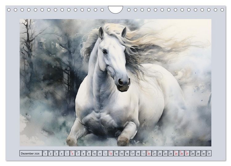 Produktbild: Anmutige Schimmel. &Auml;sthetik wei&szlig;er Aquarell-Pferde (Wandkalender 2026 DIN A4 quer), CALVENDO Monatskalender