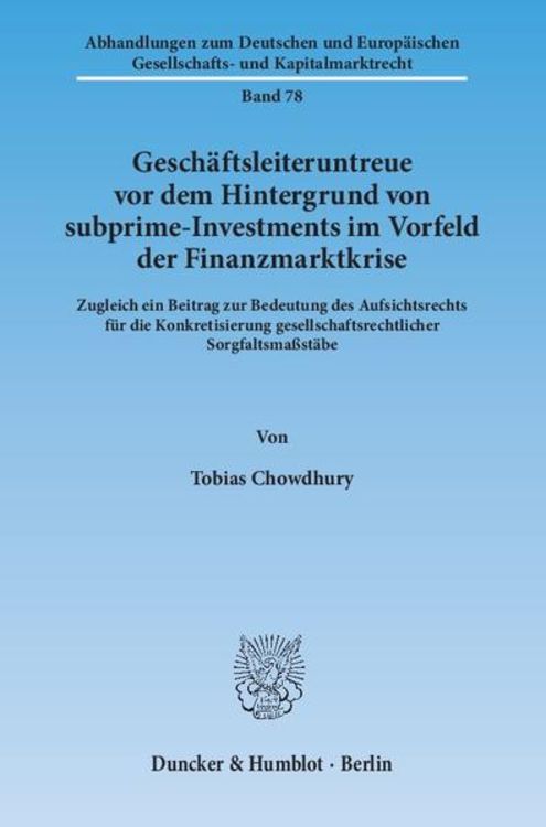 Produktbild: Gesch&auml;ftsleiteruntreue vor dem Hintergrund von subprime-Investments im Vorfeld der Finanzmarktkrise.