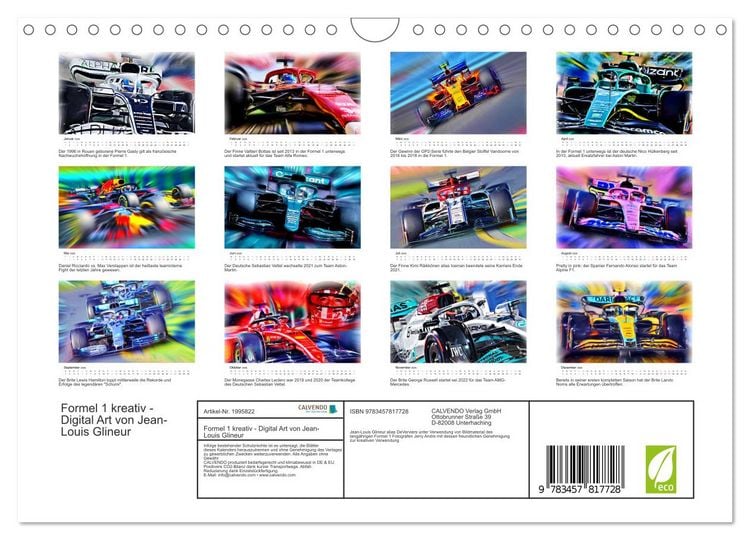 Produktbild: Formel 1 kreativ - Digital Art von Jean-Louis Glineur (Wandkalender 2026 DIN A4 quer), CALVENDO Monatskalender