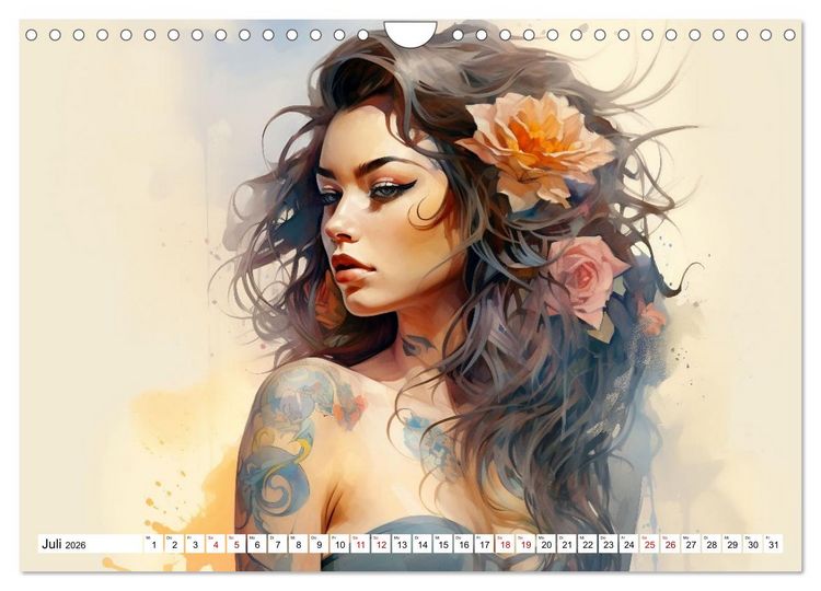 Produktbild: Tattoo trifft Kunst - Starke Tattoos treffen auf sanftes Aquarell (Wandkalender 2026 DIN A4 quer), CALVENDO Monatskalender