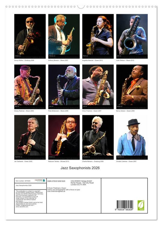Produktbild: Jazz Saxophonists 2026 (High Quality Premium Wall Calendar 2026 DIN A2 portrait),CALVENDO 12 Month Wall Calendar