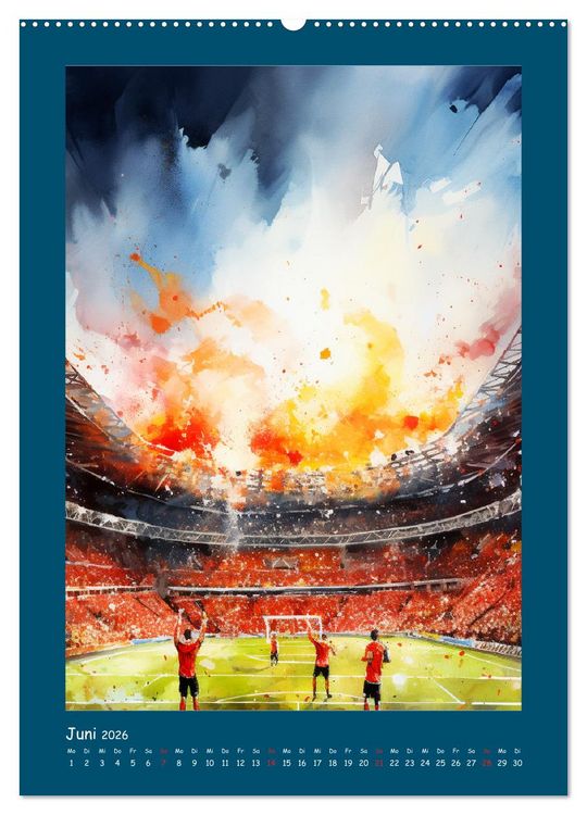 Produktbild: Leidenschaft Fussball. Stadionstimmung im Aquarellstil (Wandkalender 2026 DIN A2 hoch), CALVENDO Monatskalender
