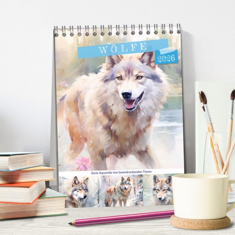 Produktbild: W&ouml;lfe. Zarte Aquarelle von beeindruckenden Tieren (Tischkalender 2026 DIN A5 hoch), CALVENDO Monatskalender