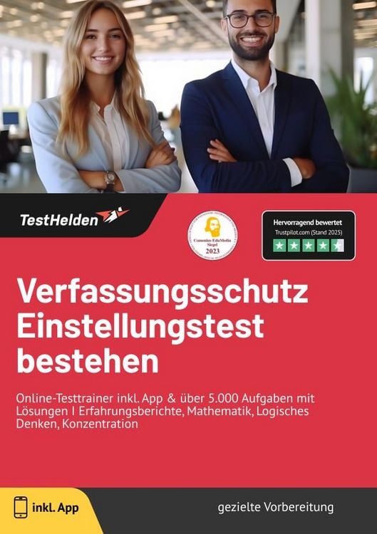 Produktbild: Verfassungsschutz Online-Testtrainer inkl. App & &uuml;ber 5.000 Aufgaben mit L&ouml;sungen | Erfahrungberichte, Mathematik, Logisches Denken, Konzentration