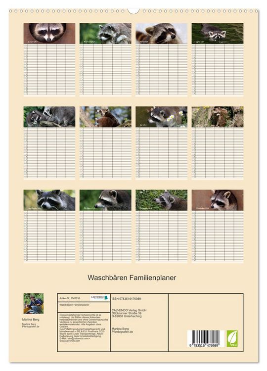 Produktbild: Waschb&auml;ren Familienplaner (hochwertiger Premium Wandkalender 2026 DIN A2 hoch), Kunstdruck in Hochglanz