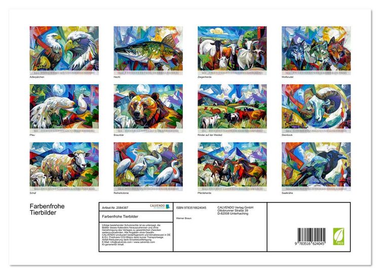 Produktbild: Farbenfrohe Tierbilder (hochwertiger Premium Wandkalender 2026 DIN A2 quer), Kunstdruck in Hochglanz