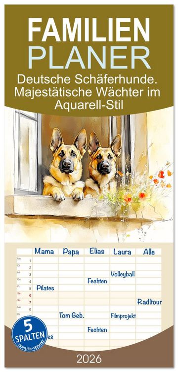Produktbild: Familienplaner 2026 - Deutsche Sch&auml;ferhunde. Majest&auml;tische W&auml;chter im Aquarell-Stil mit 5 Spalten (Wandkalender, 21 x 45 cm) CALVENDO
