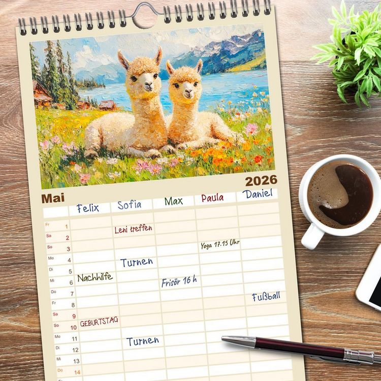 Produktbild: Familienplaner 2026 - Alpakas. Entz&uuml;ckende Paintings in duftigen Farben mit 5 Spalten (Wandkalender, 21 x 45 cm) CALVENDO