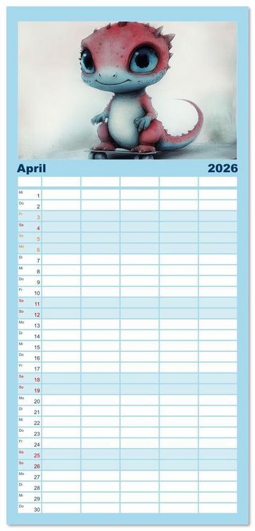 Produktbild: Familienplaner 2026 - Dinozauber &ndash; Wenn Urzeitbewohner zu Freunden werden mit 5 Spalten (Wandkalender, 21 x 45 cm) CALVENDO