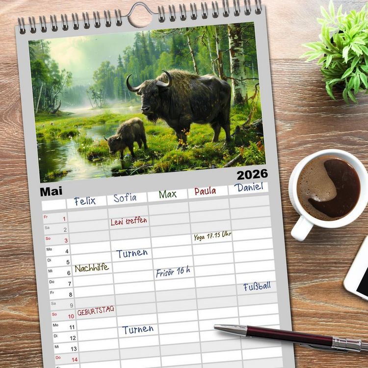 Produktbild: Familienplaner 2026 - Wilde Rinder mit 5 Spalten (Wandkalender, 21 x 45 cm) CALVENDO