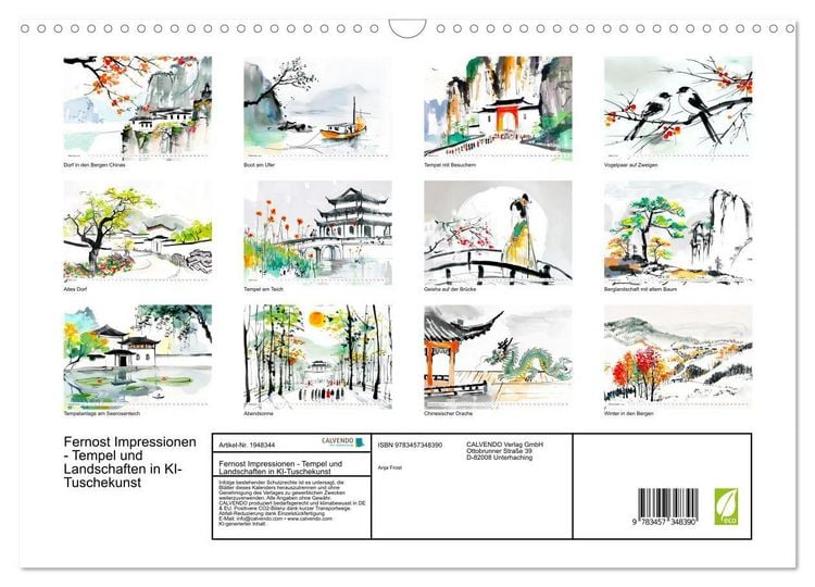 Produktbild: Fernost Impressionen - Tempel und Landschaften in KI-Tuschekunst (Wandkalender 2026 DIN A3 quer), CALVENDO Monatskalender