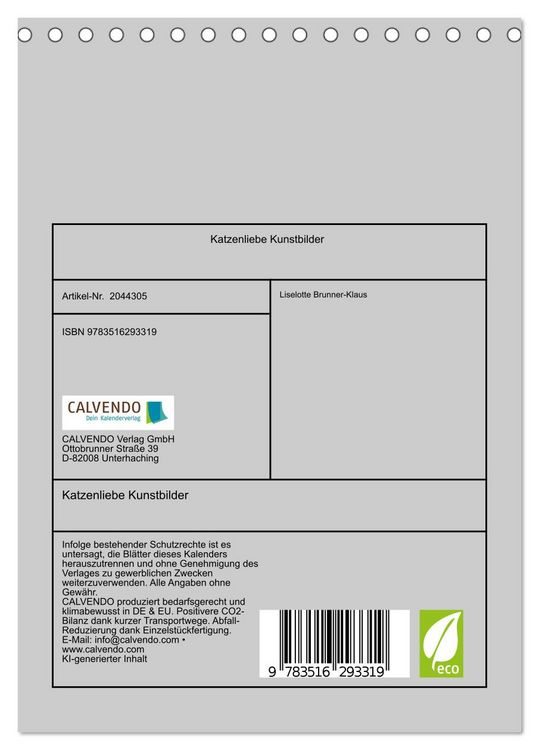 Produktbild: Katzenliebe Kunstbilder (Tischkalender 2026 DIN A5 hoch), CALVENDO Monatskalender