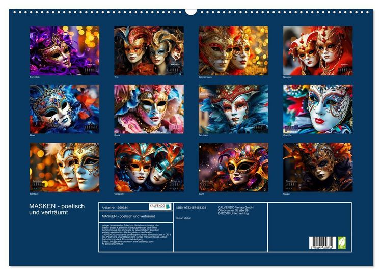 Produktbild: MASKEN - poetisch und vertr&auml;umt (Wandkalender 2026 DIN A2 quer), CALVENDO Monatskalender